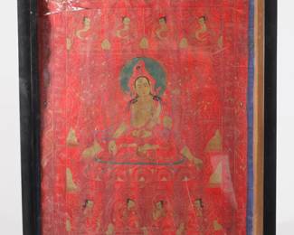 19c. RED-GROUND THANGKA BUDDHIST DEITY OR LAMA