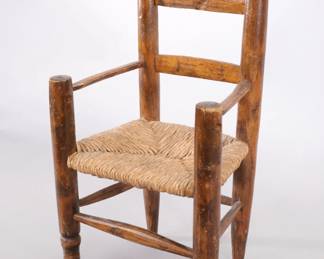 19c AMERICAN PRIMITIVE CHILD'S LADDERBACK ARMCHAIR