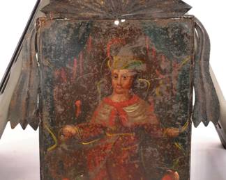 19c HOLY CHILD OF ATOCHA OIL/ TIN RETABLO PAINTING