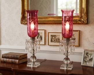 PAIR VICTORIAN HURRICANE LUSTRE TABLE LAMPS