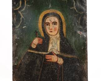 19c ST. RITA OF CASIA RETABLO OIL ON TIN PAINTING