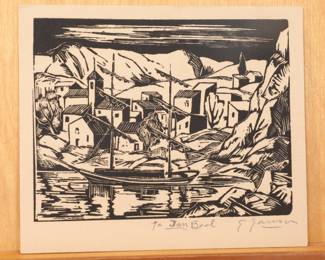 1930 EMIL GANSO WOODCUT "THE HARBOR" JAN BART DEDICATION