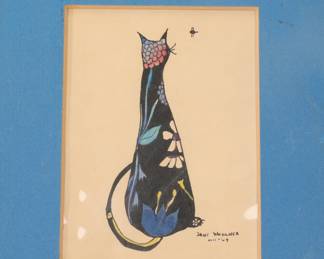 JANE WOHLNER 1969 MCM PAINTING OF CAT & BEE