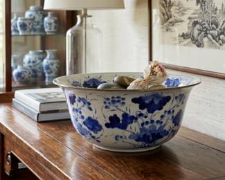 A CHINESE PORCELAIN LOTUS SCROLL BASIN YONGLE MARK