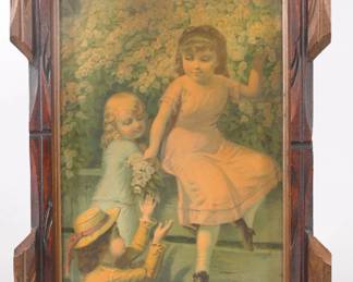 VICTORIAN CHROMOLITHOGRAPH IN FOLK TRAMP ART FRAME