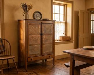 ANTIQUE OAK PIE SAFE CABINET PUNCHED TIN PANELS