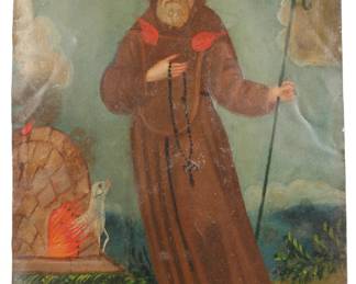 19c ST. FRANCIS OF PAOLA OIL /TIN RETABLO PAINTING