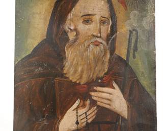 19c ST. FRANCIS OF PAOLA OIL TIN RETABLO PAINTING