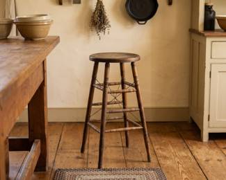 19c PRIMITIVE WOOD COUNTER STOOL W/ WIRE TENSIONS