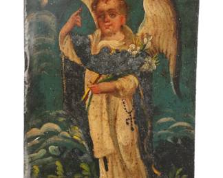 19c ST. VICENT FERRER RETABLO OIL PAINTING ON TIN
