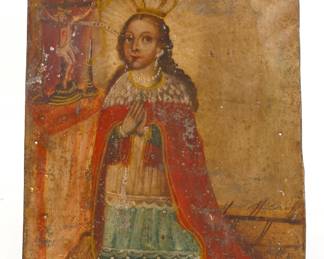 19c ST. GERTRUDE GREAT OIL ON TIN RETABLO PAINTING