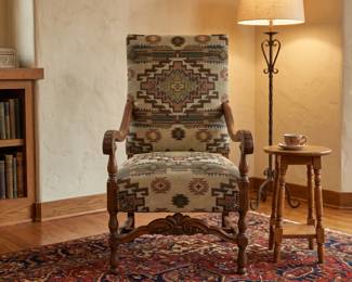 CARVED BEECHWOOD ARMCHAIR SOUTHERWESTERN UPHOLSTRY
