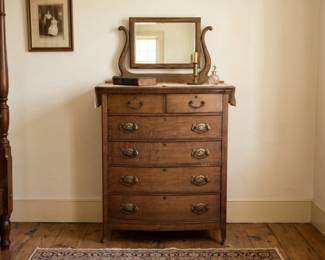 VICTORIAN TIGER OAK TALLBOY CHEST WISHBONE MIRROR