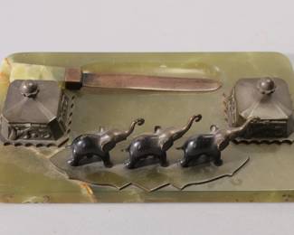 ART DECO ONYX & BRONZE ELEPHANT DESK SET INKSTAND