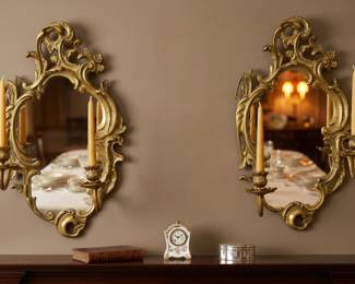 PAIR ROCOCO REVIVAL GILT BRASS MIRROR WALL SCONCES