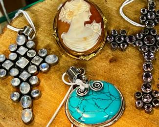 Moonstone Cross Pendant, Hand Carved Cameo Brooch/Pin/Pendant Amethyst Cross Pendant, Stabilized Turquoise Sterling Silver Pendant