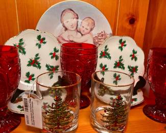 Spode Christmas Tree Fine China, Red glass goblets, and more