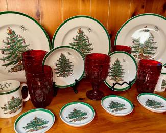Spode Christmas Tree Fine China, Red glass goblets, and more