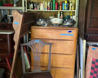 Heywood Wakefield chest, misc military hats