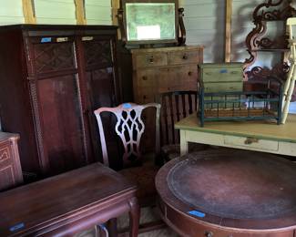 Drum table, antique metal top work table, Chippendale chair, doll furniture, book case, eterge