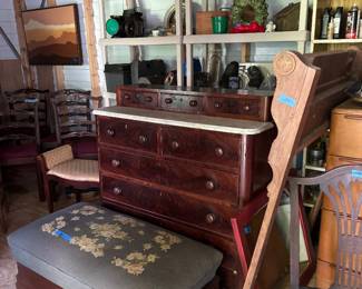 Marble top dresser with glove boxes, large empire needlepoint ottoman