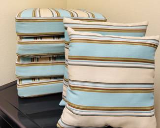Refresh your outdoor living space with this beautifully coordinated collection of premium patio cushions and accent pillows. Featuring a sophisticated coastal palette of soft aqua, ivory, cinnamon, and subtle earth-tone stripes, this collection brings timeless Florida style to any lanai, patio, or poolside seating area.