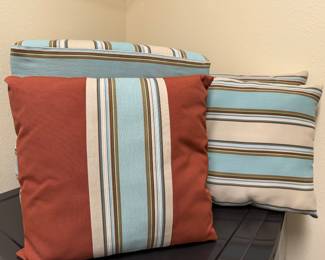Refresh your outdoor living space with this beautifully coordinated collection of premium patio cushions and accent pillows. Featuring a sophisticated coastal palette of soft aqua, ivory, cinnamon, and subtle earth-tone stripes, this collection brings timeless Florida style to any lanai, patio, or poolside seating area.