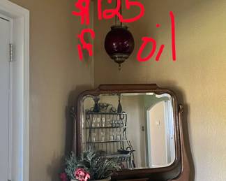 Oil antique hanging lamp with elegant ruby glass
