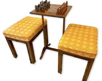 Wooden Folk Art Chess Set w Table Faux Bamboo Stools