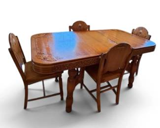 Antique Stenciled Oak Dinner Table 4 Chairs