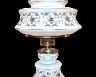 1970s Quoizel Blue Floral Milk Glass Hurricane Lamp