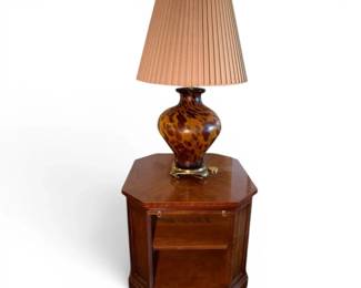 Octagonal Side Table w PullOut Tray Tortoiseshell Lamp