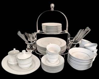 Rose China Spanish Lace Dinnerware Set w Serving Caddy Cutlery