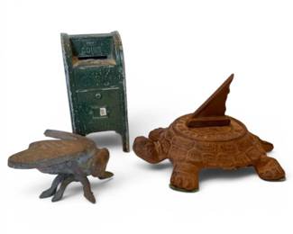 Vintage Cast Iron Mailbox Coin Bank, Turtle Sun Dial, Fly