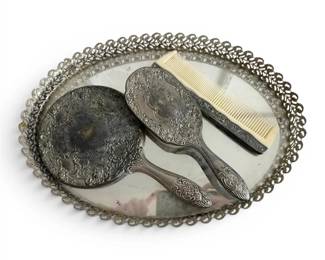 Vintage SilverToned Mirror Tray w Vanity Set