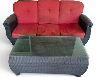 Wicker Outdoor Sofa w Red Cushions Table