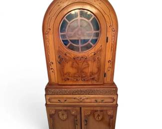 Antique Stenciled Oak China Cabinet w Circular Window