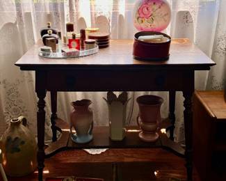 Victorian Side Table and Hand-Painted Lamp