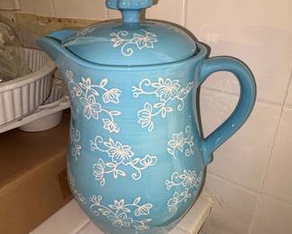 Blue and White Floral Ceramic Pitcher with Lid