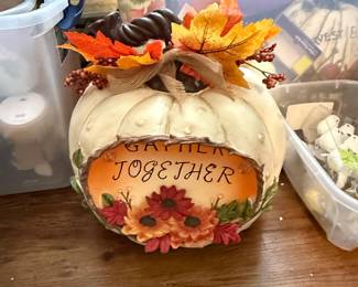 Decorative "Gather Together" Pumpkin Figurine with Autumn Foliage