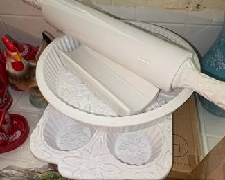 White Ceramic Embossed Floral Pie Dish and Muffin Pan Set with Rolling Pin