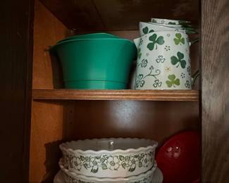 Vintage Shamrock Patterned Kitchenware Collection Corelle, Mixing Bowl, Colander