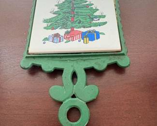 Vintage Cast Iron Christmas Tree Tile Trivet with Green Frame