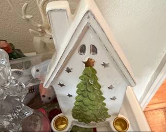 Ceramic Christmas House Tealight Candle Holder with Tree Relief