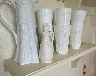 Vintage Indiana Glass Colony Harvest Milk Glass Pitcher and Cruet Set