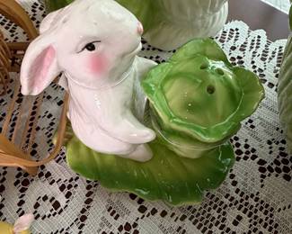 Vintage Ceramic Bunny Rabbit in Cabbage Salt and Pepper Shaker Set