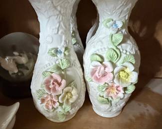 Vintage Belleek Porcelain Floral Relief Vases