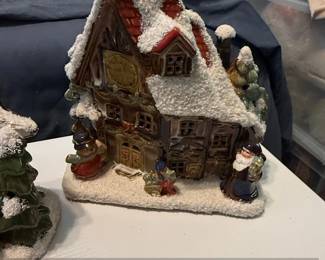 Vintage Ceramic Christmas Village Town Hall Building with Santa and Snowman