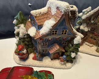 Vintage Ceramic Christmas Village House with Santa, Snowman, and "Hotel" Sign