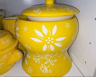 Vintage Yellow Ceramic Fondue Pot with Floral Pattern